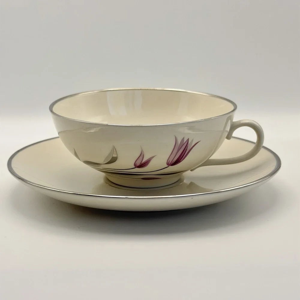 Vintage Franciscan China Carmel Set of 4 Tea Cups Saucers Pink Floral Tulips USA